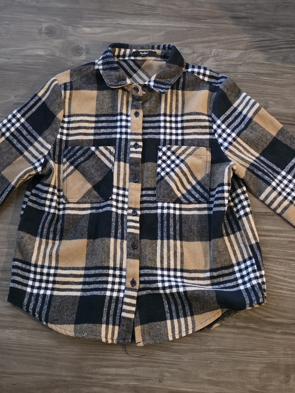 Papaya Plaid Button-Down Shirt Jacket in Tan, Black & Cream Sz Large